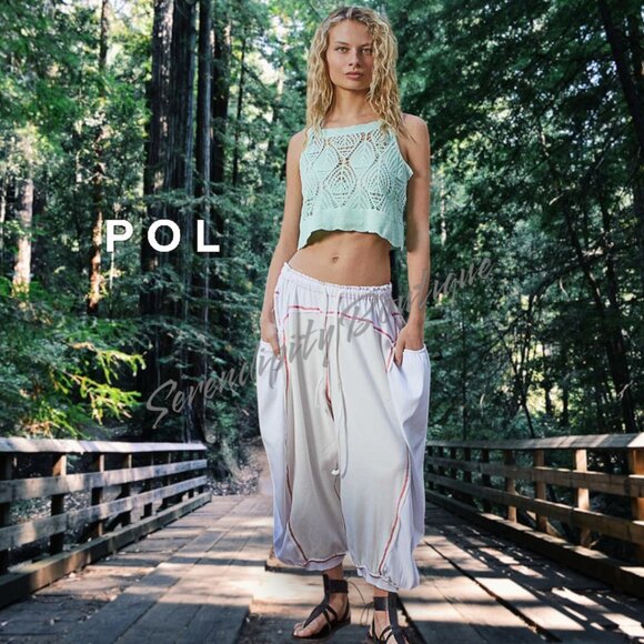 POL Boho Baby Pale Mint Crochet Loose Fit Semi Sheer Bodycon Crop Top - Picture 3 of 9